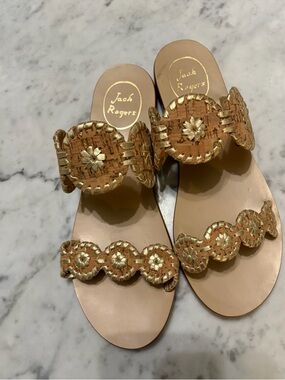 Jack Rogers Gold and Tan Woven Leather Slide Sandals new